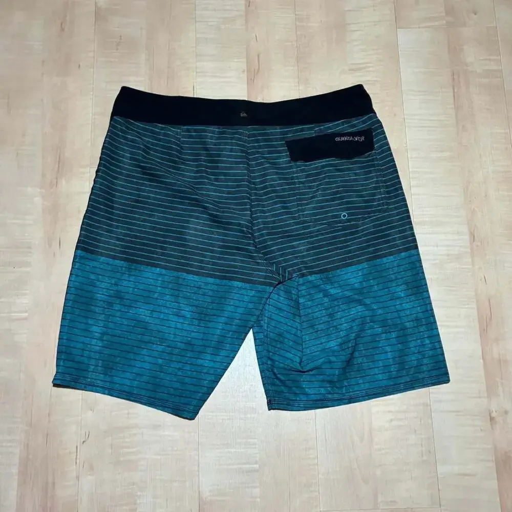 Quiksilver Striped Board Shorts Teal Black Surf Trunks Size 36